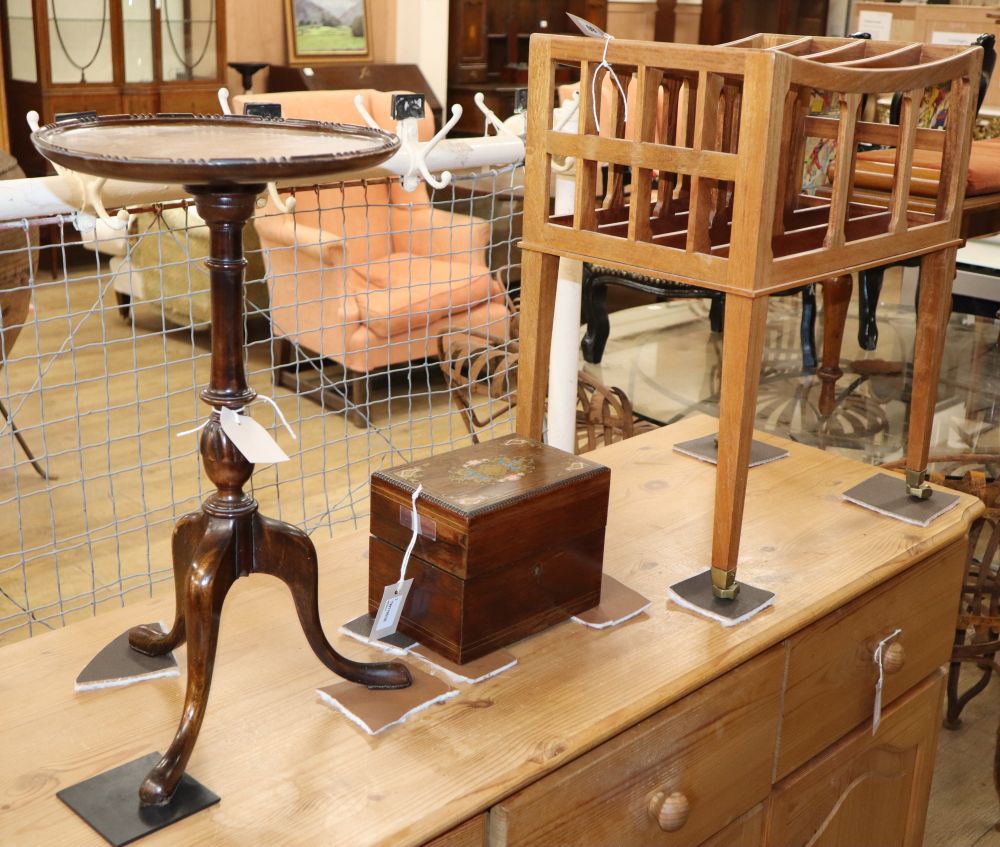 A mahogany Canterbury, H.58cm, a wine table and a Victorian inlaid rosewood tea caddy